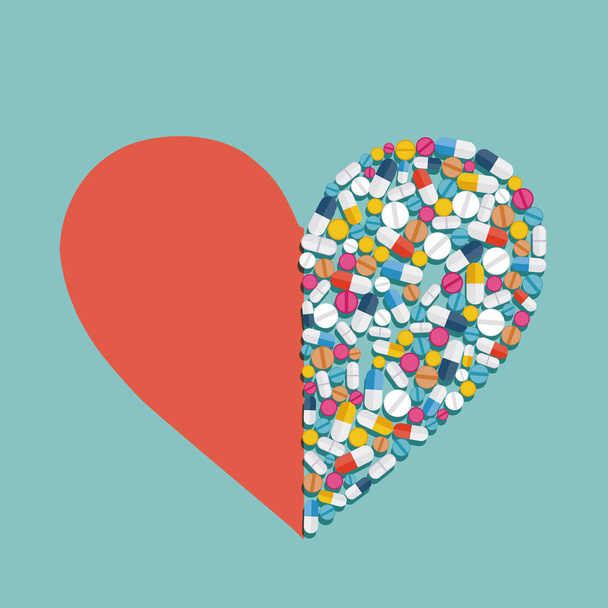 Heart shape made from pills and medicines. - Vektor, Bild