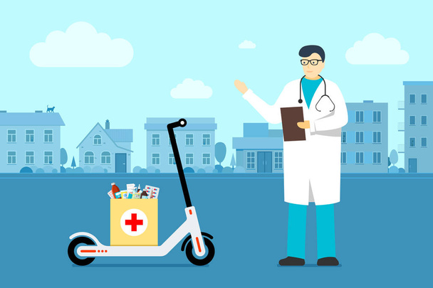 medizinische Versorgung aus der Apotheke. Ein weißer Arzt in Brille und Uniformmantel mit Stethoskop steht neben einem Elektroroller mit Medikamenten und Tabletten. flache Vektorabbildung - Vektor, Bild