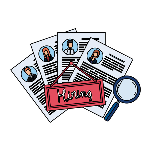 cv with hiring label and magnifying glass - Vector, Image