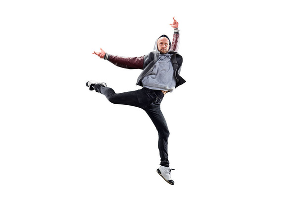 Ізольований чоловічий хіп-хоп танцюрист. Красивий хлопець танцює на білому тлі
 - Фото, зображення