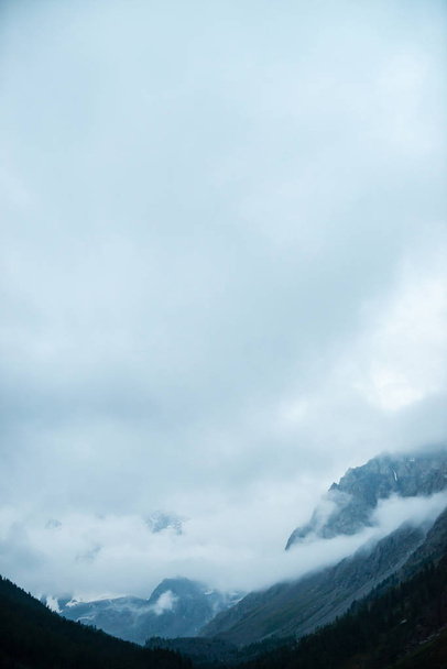 Upiory gigantyczne skały z drzewami w gęstej mgle. Tajemnicza ogromna Góra ze śniegiem w mgle. Wczesnym rankiem w górach. Nieprzeniwny mgły. Ciemny atmosferyczny krajobraz. Spokojna mistyczna atmosfera. - Zdjęcie, obraz