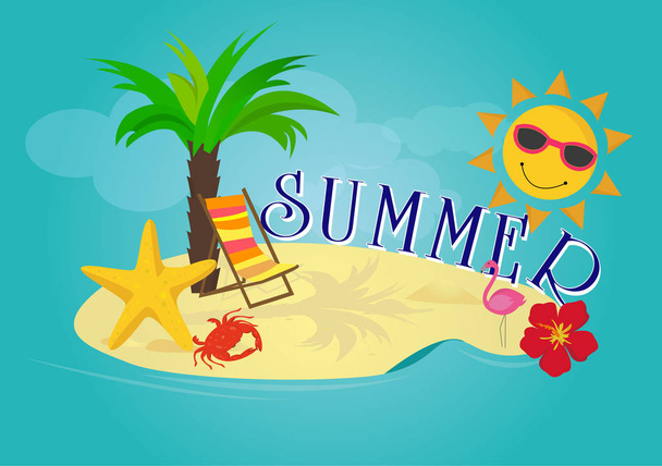 Diseño de banner vectorial horario de verano con círculo blanco para texto y elementos de playa coloridos en fondo blanco. Ilustración vectorial
. - Vector, Imagen