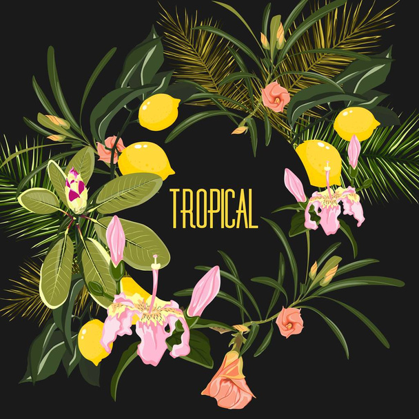 A nyári Hawaii szórólap design zöld trópusi növényekkel, pálmalevelek és virágok. Kör elem szöveghelyőrzővel. Design elem fekete háttérrel. Hely a szöveghez. Vektoros illusztráció.  - Vektor, kép