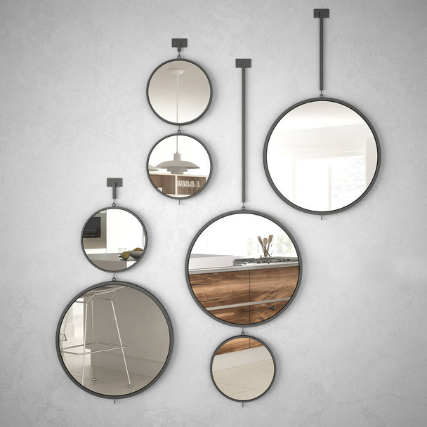 Kulatá zrcadla zavěšená na stěně reflektující interiérový design, minimalistická bílá a dřevěná kuchyně, představa moderního architektonického pojetí - Fotografie, Obrázek