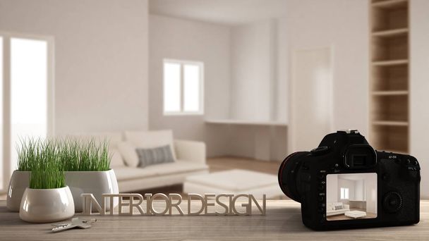 Arquiteto fotógrafo designer conceito de desktop, câmera na mesa de trabalho de madeira com tela mostrando projeto de design de interiores, fundo de cena turva, modelo de ideia moderna sala de estar
 - Foto, Imagem