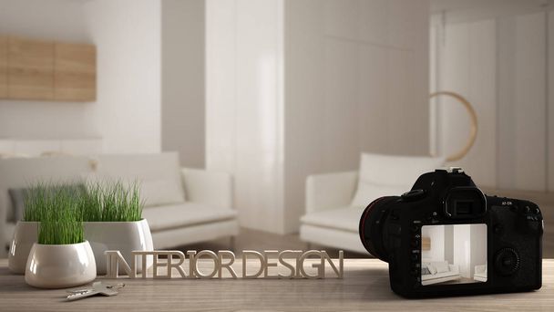 Építész fotós Designer Desktop koncepció, a kamera fából készült íróasztal képernyő mutatja belsőépítészeti projekt, homályos jelenet háttér, modern nappali ötlet sablon - Fotó, kép