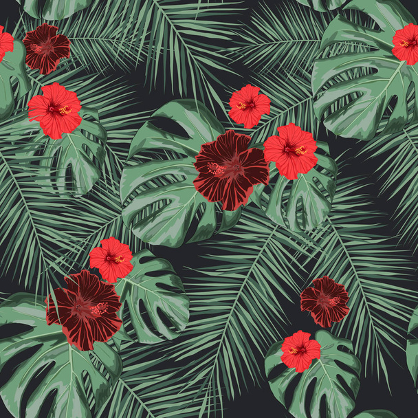 nahtloses tropisches Vektormuster mit Hibiskusblüten und exotischen Palmblättern auf dunklem Hintergrund. - Vektor, Bild