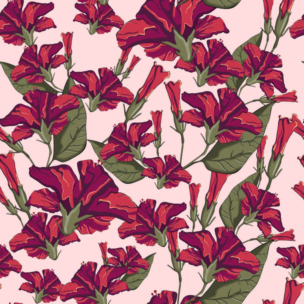 Rode hibiscus bloemen op een lichtroze achtergrond met bladeren. Naadloze vector strand behang patroon. - Vector, afbeelding