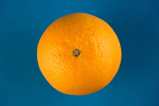 Closeup of one vibrant orange blood orange on light blue background with copy space - Photo, Image