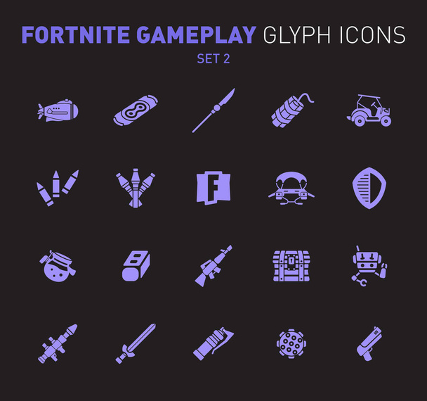 Popular epic game glyph icons. Vector illustration of military facilities. Airship, drift board, grenade, buggy, and weapons. Solid flat design. Set 2 of violet icons isolated on black background. - Vector, Image