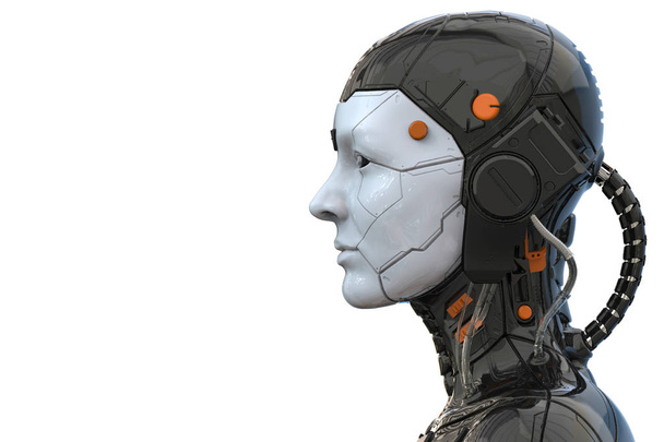 Bir android robot cyborg kadın humanoid 3d render - yan görünüm ve boş bir arka plan izole   - Fotoğraf, Görsel