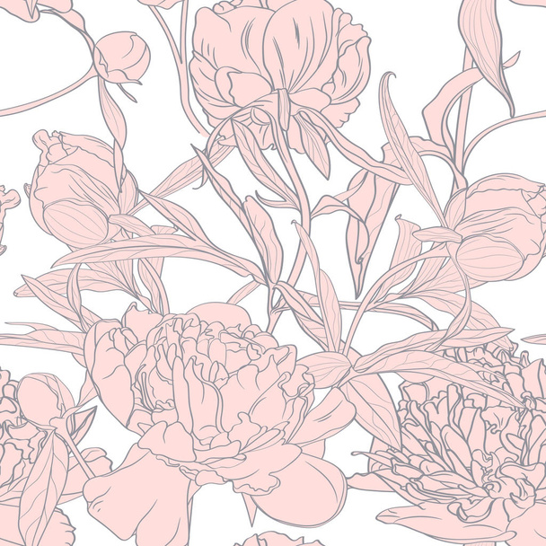 ピンクのピオニーフラワーシームレスパターンのベクトル手描きスケッチイラスト。花の白い背景、ファブリック、テキスタイルデザイン、結婚式のための背景要素.  - ベクター画像