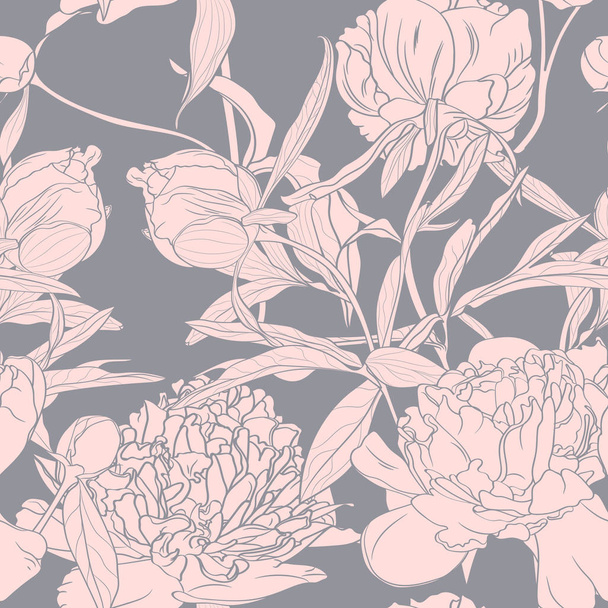 Vector hand drawn sketch illustration of pink peony flowers seamless pattern. Floral grey background, backdrop element for fabric, textile design, wedding. - Vecteur, image