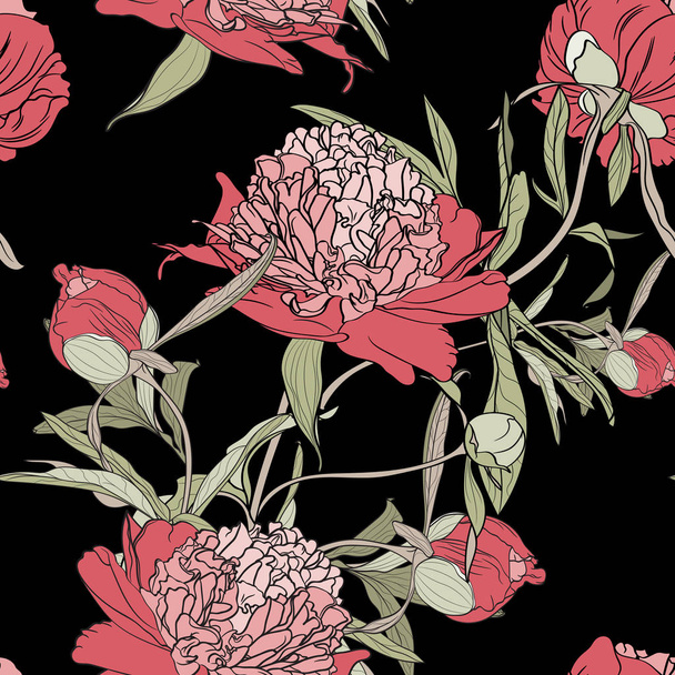 Elegant seamless peony pattern on black background. Floral pattern for vintage design. Vector illustration.  - Vektor, Bild