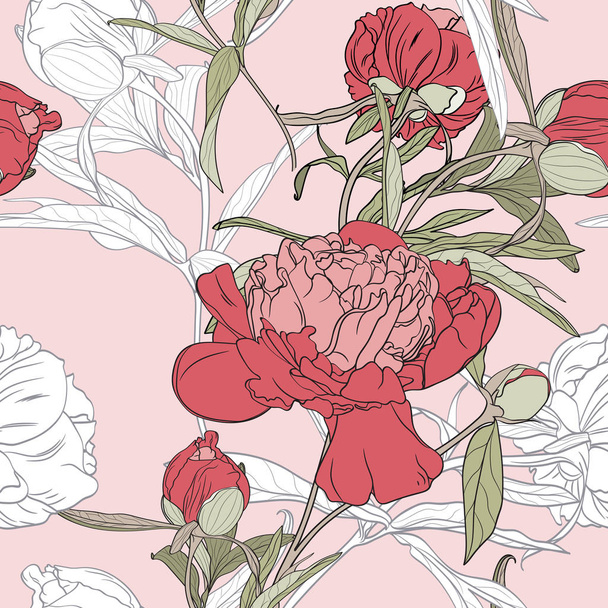 Wektor rysowane ręcznie rysunek różowy, białe kwiaty piwonii i zielone liście bez szwu wzór. Kwiatowe różowe tło, element tła do tkanin, wzornictwo tekstylne, ślub.  - Wektor, obraz