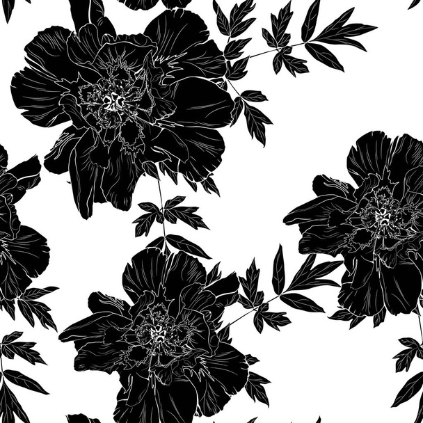 Wildflower czarny biały linia piwonia kwiat bezszwowy wzór izolowane na białym tle. Dziki kwiat na tło, teksturę, wzór opakowania, ramkę lub obramowanie, zaproszenie lub tekstylia. Styl vintage.  - Wektor, obraz