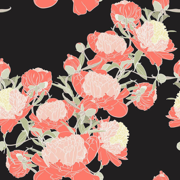 Vector hand drawn sketch illustration of orange peony flowers seamless pattern. Floral black background, backdrop element for fabric, textile design, wedding.  - Vektor, obrázek