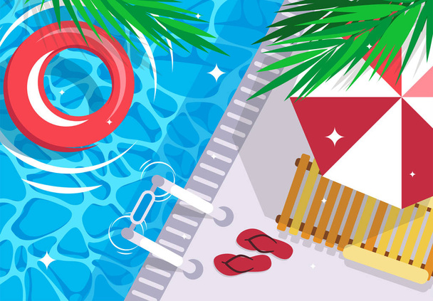 Vektori kuva uima-allas, yleisnäkymä, päivänvarjo, flip-floppeja ranta lounger, puhallettava pelastusrengas vedessä, palmunlehtiä
 - Vektori, kuva