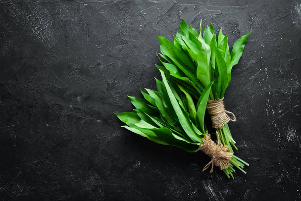 Fresh wild garlic leaves on black background. Wild leek. Top view. Free space for your text. - 写真・画像