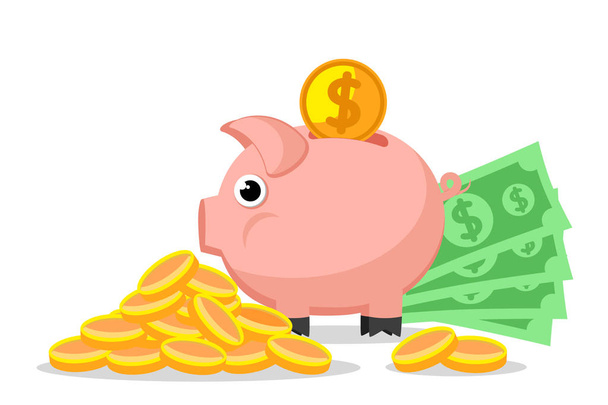 Piggy Bank, papel moneda y un montón de monedas en un blanco. Ahorro
 - Vector, Imagen