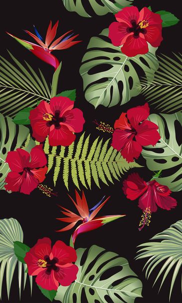 Varrat nélküli mintás trópusi levelei vörös hibiszkusz virággal és fekete alapon paradicsommadárral - Vektor, kép