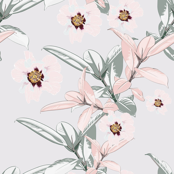 Vector seamless tropical pattern, vivid tropic foliage, with ficus palm leaves, pink peony flower in bloom. Modern bright summer print design. Vintage light background.  - Vector, Image