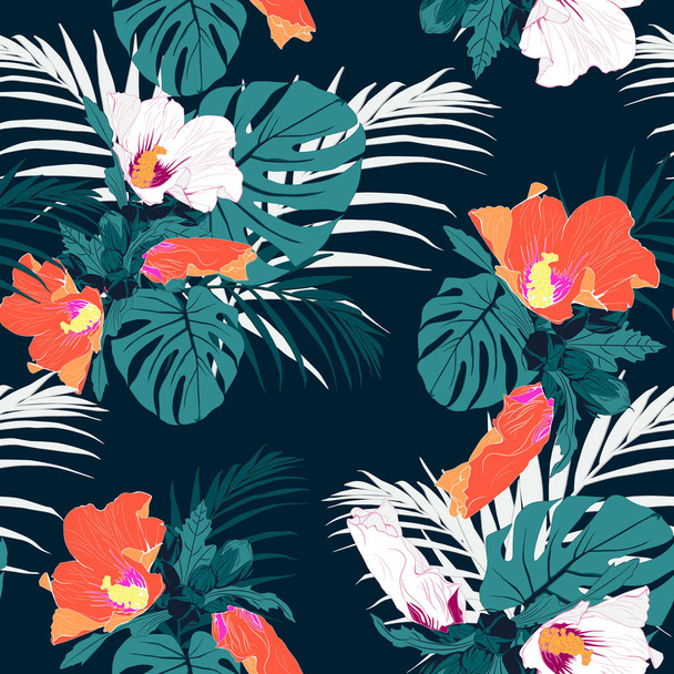 Vector seamless tropical pattern, vivid tropic foliage, with palm monstera leaves, tropical white and orange hibiscus flower in bloom. Vintage blue background.  - ベクター画像