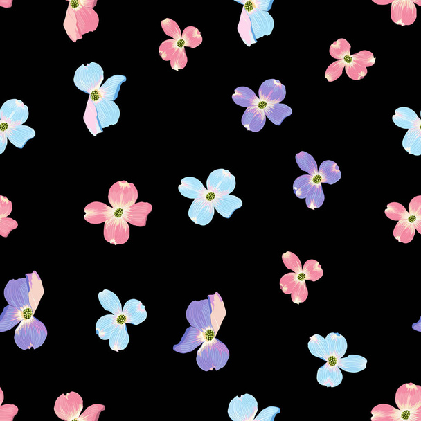 春の秋の紫青ピンクの花シームレスなパターン。招待状、ファブリック、壁紙、プリントのための水彩画スタイルの花の背景。ボタニカルなテクスチャ。ベクトルイラスト。黒の背景.  - ベクター画像
