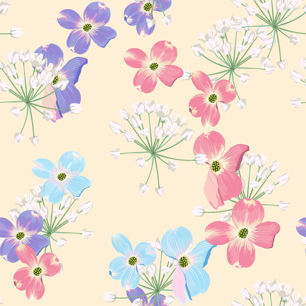 Spring autumn violet blue pink flowers with herbs seamless pattern. Watercolor style floral background for invitation, fabric, wallpaper, print. Botanical texture. Yellow background.  - Vektori, kuva