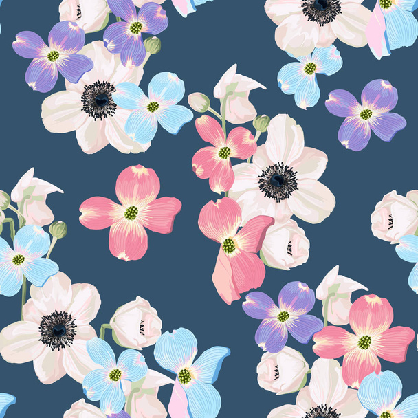 Spring autumn violet blue pink flowers with Hellebore anemone seamless pattern. Watercolor style floral background for invitation, fabric, wallpaper, print. Botanical texture. Blue background.  - Vector, Image