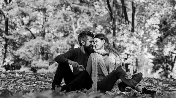 Girl and bearded guy or happy lovers on date cuddle - Foto, Bild