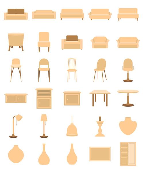Sisätilat Elementit kuvakesarja, sohvat, pöydät, tuolit vektori kuva tasainen tyyli
 - Vektori, kuva