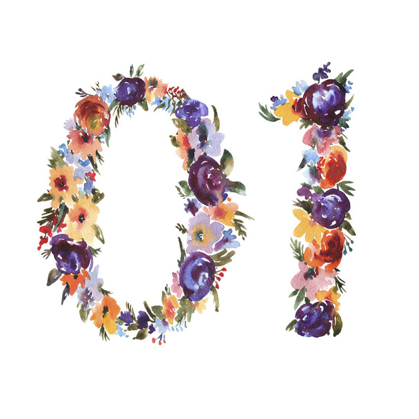 Набор акварельных цветочных номеров изолирован на белом фоне. 0 1 F
 - Фото, изображение