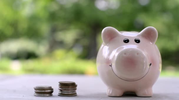 Mädchen wirft Münzen in rosa Sparschwein für Ersparnisse in der Natur - Filmmaterial, Video