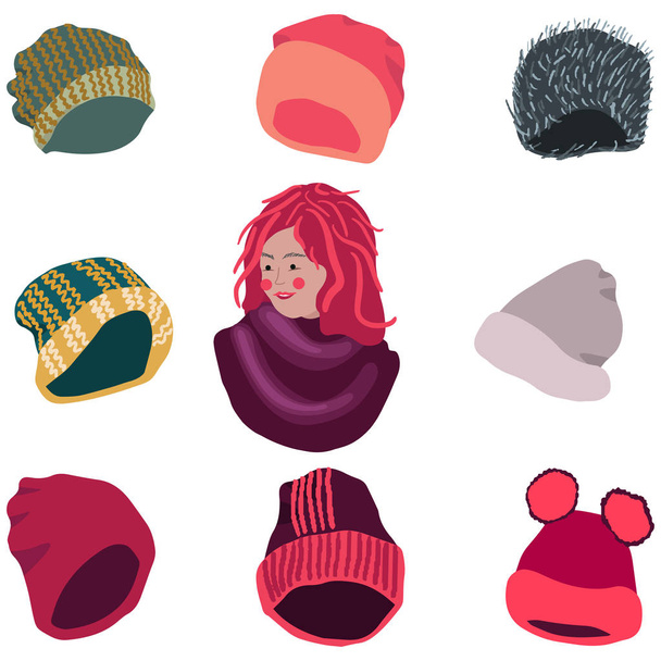 Girl with selection of winter headwear - Vector, Image