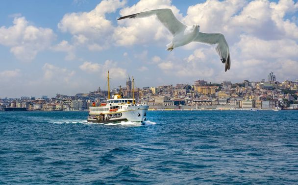 Muslim architecture and water transport in Turkey - Beautiful View touristic landmarks from sea voyage on Bosphorus. Cityscape of Istanbul at sunset - old mosque and turkish steamboats, view on Golden Horn. - Photo, Image