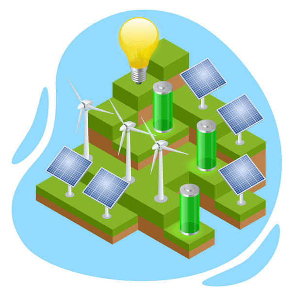 アイソメ環境にやさしく、グリーンエネルギーの概念。再生可能エネルギー. - ベクター画像