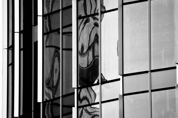 Fragmento de fachada de un moderno edificio de oficinas. Exterior de pared de cristal con textura abstracta. Blanco y negro
. - Foto, Imagen