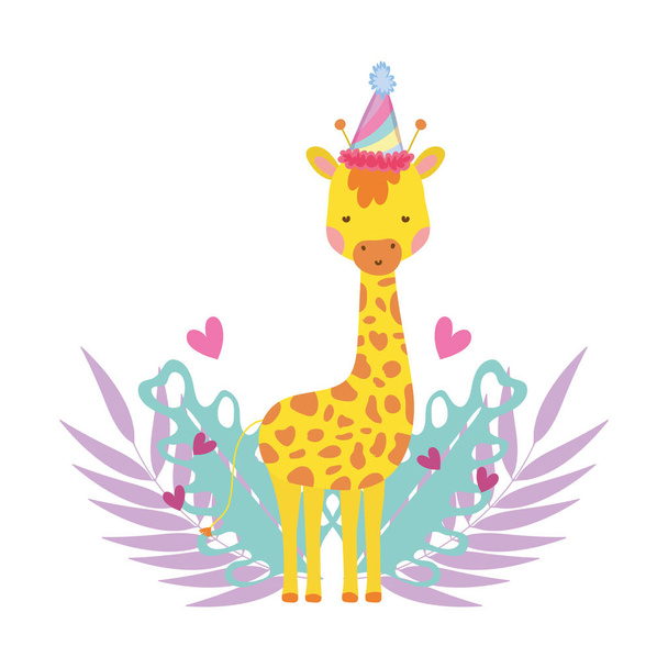 linda y pequeña jirafa con sombrero de fiesta y jardín
 - Vector, imagen