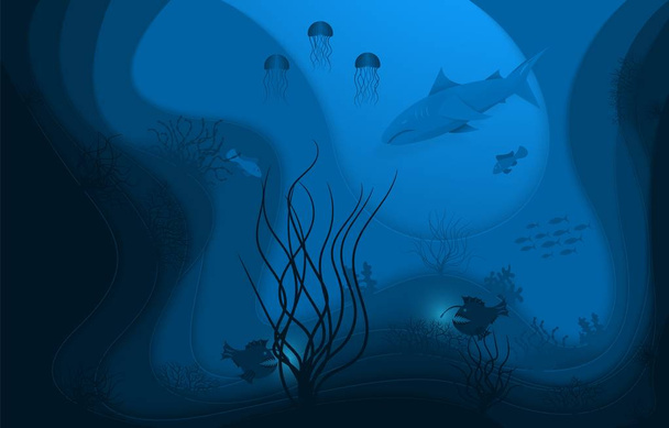 Mundo subaquático, estilo papel Kraft, vida subaquática oceânica. Peixes e algas de profundidade. Vetor
 - Vetor, Imagem