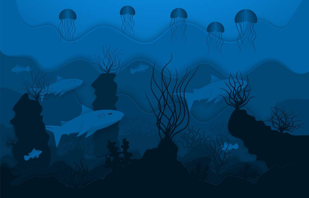 水中世界、紙スタイルクラフト、水中海洋生物。深海魚と藻類。ベクトル - ベクター画像