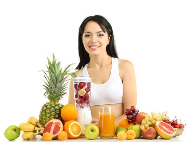 Girl with fresh fruits isolated on white - Foto, afbeelding