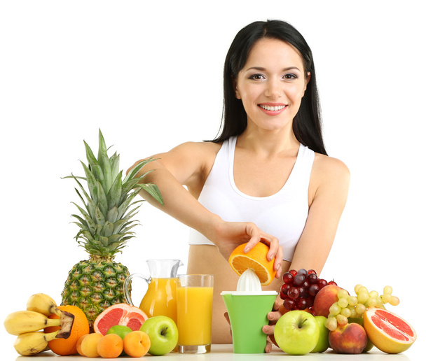 Girl with fresh fruits and juice isolated on white - Φωτογραφία, εικόνα