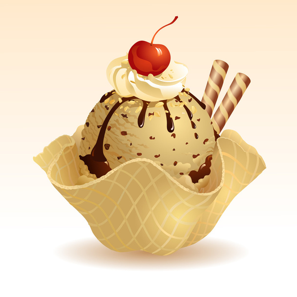 Coffee ice cream with waffle basket - Vector, Image