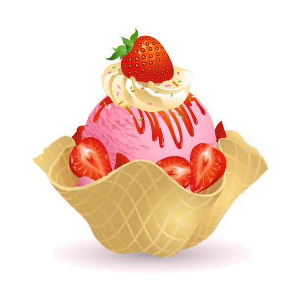 Strawberry ice cream with waffle basket - Vector, Image