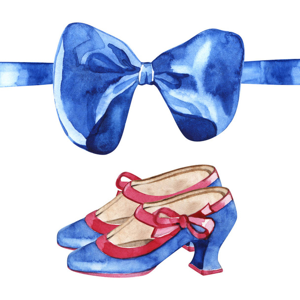 Blue watercolor bow. Watercolor illustration on a white background - Zdjęcie, obraz