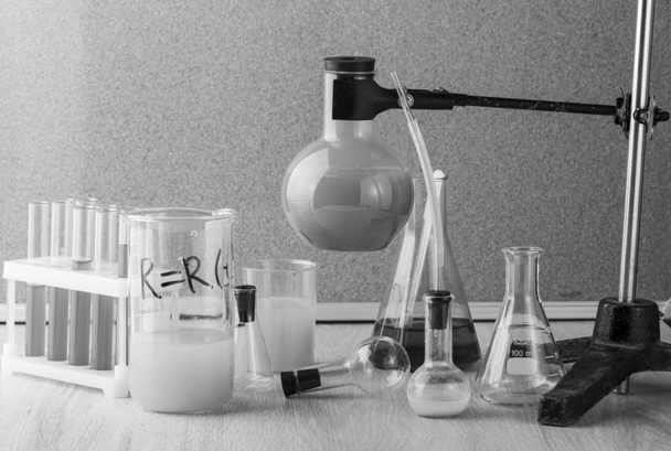 The old style test tubes and glass bottle in chemistry laborator - Photo, Image