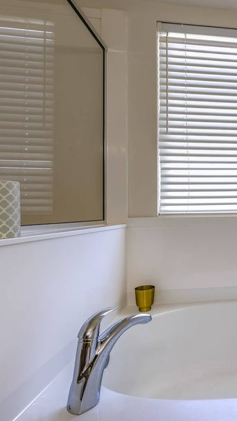 Vertical Gleaming white bathtub inside a bathroom with a large mirror on the wall - Фото, зображення