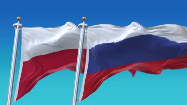 4k zökkenőmentes Lengyelország és Oroszország zászlók kék ég háttér, pol pl RUS ru. - Felvétel, videó
