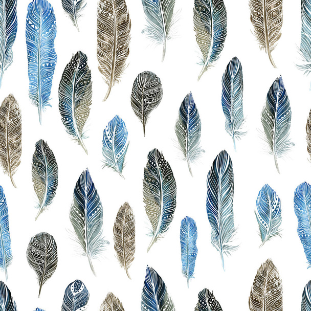 Seamless pattern with feathers. Drawn with watercolor, ink and pen. For fabric, paper, cards, invitations, envelopes, save the date and other. - Foto, Bild